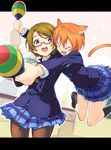  :3 :d animal_ears black_legwear blazer blush bowl brown_hair cat_ears cat_tail glasses haruno_shuu hoshizora_rin instrument jacket koizumi_hanayo letterboxed love_live! love_live!_school_idol_project maracas multicolored multicolored_stripes multiple_girls open_mouth otonokizaka_school_uniform pantyhose purple_eyes red_hair rice rice_bowl rice_spoon school_uniform short_hair skirt smile striped tail 