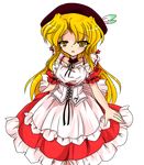  :o apron blonde_hair blush choker collarbone corset cowboy_shot feathers hat hat_feather maid parted_lips puffy_short_sleeves puffy_sleeves short_sleeves solo standing touhou touhou_(pc-98) transparent_background tsunogiri waist_apron yellow_eyes yumeko 