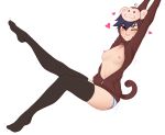  1girl :3 animal_hood arms_up bakemonogatari black_hair black_legwear blush breasts brown_hoodie center_opening closed_mouth full_body heart highres hood hood_up kanbaru_suruga leg_up looking_at_viewer medium_breasts monkey_hood monkey_mask monkey_tail monogatari_(series) navel nipples no_bra nose_blush orange_eyes panties pudgeruffian short_hair simple_background smile solo stretch striped striped_panties tail thighhighs underwear unzipped white_background zipper_pull_tab 