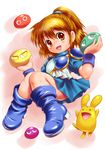  :d arle_nadja blob blue_footwear blue_skirt boots brown_eyes brown_hair carbuncle_(puyopuyo) creature full_body half_updo madou_monogatari moriichi open_mouth pink_background puyo_(puyopuyo) puyopuyo short_hair skirt smile wrist_cuffs 