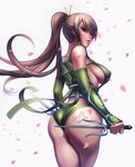  akali ass bad_id bad_pixiv_id body_writing breasts brown_hair cherry_blossoms dragon_tattoo dual_wielding hair_over_one_eye highres holding large_breasts league_of_legends long_hair ninja one3four! open_mouth petals ponytail reverse_grip sai_(weapon) sideboob simple_background solo tattoo weapon 