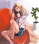  bare_shoulders barefoot black_hair blonde_hair blue_eyes brown_eyes couch hair_grab happy hood hoodie hug hug_from_behind long_hair mireille_bouquet mochako_(motyako) multiple_girls noir one_eye_closed open_mouth plant potted_plant shorts sitting sketch smile yuumura_kirika 