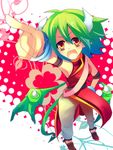  :o arm_up brown_eyes china_dress chinese_clothes draco_centauros dragon_girl dragon_horns dragon_tail dragon_wings dress from_above full_body green_hair hand_on_hip horns madou_monogatari milano pants pointing puyopuyo red_background shoes short_hair solo tail wings 