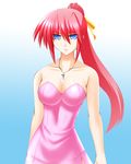  blue_eyes breasts cleavage dress engo_(aquawatery) hair_ribbon highres jewelry large_breasts levantine long_hair lyrical_nanoha mahou_shoujo_lyrical_nanoha mahou_shoujo_lyrical_nanoha_a's necklace pink_dress pink_hair ponytail ribbon signum solo 