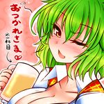  alcohol beer beer_mug blush breasts cleavage convention_greeting cup drunk green_hair holding holding_cup kazami_yuuka large_breasts looking_at_viewer one_eye_closed red_eyes roki_(hirokix) smile solo touhou translated 