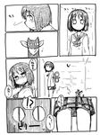  1girl blush cat comic greyscale jitome looking_back masha monochrome nichijou pleated_skirt sakamoto_(nichijou) scarf school_uniform shinonome_nano short_hair skirt slit_pupils surprised tokisadame_school_uniform translated winding_key 