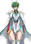  armor bare_shoulders blazblue blazblue:_chronophantasma blush cape cosplay covering covering_crotch crossdressing forehead_protector green_hair hazama kaneaki_mukku leotard male_focus mu-12 mu-12_(cosplay) navel navel_cutout solo thigh_gap thighhighs 