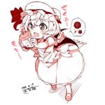  :d bat_wings blood blush dress drinking_straw fang full_body hat kokka_han mary_janes monochrome open_mouth remilia_scarlet shoes short_hair short_sleeves simple_background sippy_cup sketch smile solo touhou translated white_background wings younger 