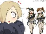  3girls :&lt; blonde_hair brown_hair cosplay futami_ami futami_mami ghostbusters goggles goggles_on_head grin idolmaster idolmaster_(classic) idolmaster_cinderella_girls kozou_(rifa) multiple_girls open_mouth proton_pack shirasaka_koume short_hair siblings side_ponytail simple_background sisters smile surprised translated twins white_background 