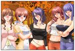  4girls bare_shoulders belt blue_eyes blue_hair blush breast_hold breasts brown_hair cleavage covered_nipples crossed_arms denim dress erect_nipples eyes_closed game_cg happy hips jeans large_breasts lineup long_hair looking_at_viewer midriff multiple_girls navel open_mouth pants purple_hair red_hair sano_toshihide short_hair smile standing train tsuma_to_mama_to_boin yellow_eyes 