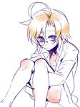  ahoge blazblue blonde_hair blue_eyes blush carl_clover glasses huge_ahoge kaneaki_mukku leg_hug male_focus naked_shirt no_hat no_headwear semi-rimless_eyewear shirt solo under-rim_eyewear 