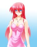  blue_eyes blush breasts cleavage dress engo_(aquawatery) hair_down highres jewelry large_breasts levantine long_hair lyrical_nanoha mahou_shoujo_lyrical_nanoha mahou_shoujo_lyrical_nanoha_a's necklace pink_dress pink_hair signum solo 