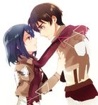  1girl black_hair blue_eyes brown_hair cropped_jacket emblem eren_yeager eye_contact height_difference kudakitsune_(kaien_kun) looking_at_another mikasa_ackerman paradis_military_uniform scarf shared_scarf shingeki_no_kyojin survey_corps_(emblem) 