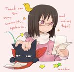  bespectacled black_cat black_hair cat english glasses masha nichijou petting purple_eyes reading sakamoto_(nichijou) scarf shinonome_nano short_hair signature smile thank_you winding_key 