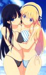  2girls beach bikini black_hair blonde_hair blue_eyes breast_press breasts cleavage highres ikaruga_(senran_kagura) katsuragi_(senran_kagura) large_breasts long_hair multiple_girls senran_kagura senran_kagura_(series) smile swimsuit very_long_hair yaegashi_nan 