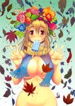  absurdres autumn autumn_leaves blonde_hair blush breasts cleavage convenient_censoring copyright_request double_v eyebrows_visible_through_hair fingernails flower food hair_flower hair_ornament head_wreath highres huge_filesize iris_(flower) large_breasts leaf lily_of_the_valley long_hair maple_leaf mouth_hold nail_polish naked_scarf navel nude orange_eyes popsicle scan scarf solo sweat tsuji_santa tulip v 