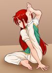  barefoot braid feet flexible full_body holding_own_foot hong_meiling iromeki_overdrive long_hair looking_at_viewer naughty_face no_hat no_headwear pants plantar_flexion red_eyes red_hair sitting smile soles solo stretch toes touhou twin_braids yoga 