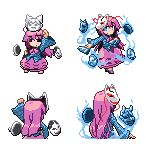  blue_eyes blue_fire bow bubble_skirt chibi fire fox_mask full_body hannya hata_no_kokoro hemogurobin_a1c long_hair long_skirt long_sleeves looking_at_viewer lowres mask new_mask_of_hope noh_mask pixel_art plaid plaid_shirt purple_hair shirt simple_background skirt smile solo standing tengu_mask touhou touhou_ningyougeki white_background 