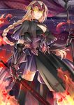  armor blonde_hair braid breasts capelet cleavage dark_persona dress fate/apocrypha fate_(series) flag gauntlets headpiece jeanne_d'arc_(fate) jeanne_d'arc_(fate)_(all) kurose_nao large_breasts long_hair single_braid solo sword thighhighs weapon yellow_eyes 