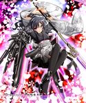  akino_coto black_hair highres japanese_clothes kimono long_hair looking_at_viewer md5_mismatch mecha_shoujo_taisen_z skirt smile solo sword thighhighs weapon 