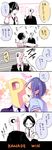  1girl 5koma blue_hair blush chair closed_eyes comic formal gradient_hair hayami_kanade heart highres idolmaster idolmaster_cinderella_girls kiss long_sleeves multicolored_hair necktie p-head_producer pink_hair producer_(idolmaster) puffy_sleeves short_hair short_sleeves sitting suit sweat table translated v wemu_(ivycrown) 