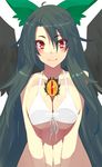  bad_id bad_pixiv_id bikini black_hair black_wings bow breasts cleavage front-tie_top hair_bow jont large_breasts long_hair looking_at_viewer red_eyes reiuji_utsuho smile solo swimsuit third_eye touhou upper_body very_long_hair wings 