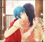  bad_id bad_pixiv_id black_hair blonde_hair blue_hair dramatical_murder from_behind highres hug koujaku long_hair male_focus multiple_boys seragaki_aoba tattoo yaoi 