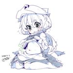  belly blush child flat_chest flying_sweatdrops hat kokka_han letty_whiterock long_sleeves monochrome navel shirt_lift simple_background sitting sketch solo spot_color touhou wariza weight_conscious white_background younger 