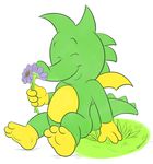 ambiguous_gender dragon eyes_closed flower grass green_body plain_background roarey_raccoon sitting smile solo tabaluga tabaluga_(character) white_background wings yellow_body 