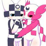  2018 2020_tokyo_olympic ambiguous/ambiguous ambiguous_gender anthro anthro_on_anthro blush duo featureless_crotch hi_res mammal miraitowa olympics simple_background someity sweat unknown_species みぜる 