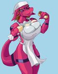  big_breasts breasts brown_eyes brown_hair casetermk cleavage crossgender digimon female guilmon hair huge_breasts looking_at_viewer mie_matsuki scalie smile 