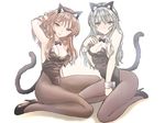  animal_ears bow bowtie breasts brown_eyes brown_hair cat_ears character_request cleavage detached_collar green_eyes green_hair helena_havel highres kittysuit leotard long_hair medium_breasts multiple_girls pantyhose ringo_no_ki tail teyuno ukagaka wrist_cuffs 