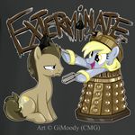  blue_eyes brown_hair crossover cute cutie_mark dalek derpy_hooves_(mlp) doctor_who doctor_whooves_(mlp) duo egg_beater english_text equine eyelashes female feral friendship_is_magic frown fur gimoody grey_fur hair horse humor long_hair male mammal mechanical my_little_pony open_mouth plain_background plunger pony sitting smile strap text tongue yellow_eyes 