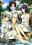  3girls absurdres ahoge arm_up bare_legs barefoot black_hair blue_hair breasts cleavage einhart_stratos feet feet_in_water fujima_takuya green_hair hair_between_eyes hakama hakama_lift heterochromia highres huge_filesize japanese_clothes large_breasts light_smile long_hair lyrical_nanoha mahou_shoujo_lyrical_nanoha mahou_shoujo_lyrical_nanoha_vivid micaiah_chevelle miko multiple_girls off_shoulder red_eyes sarashi scan sieglinde_jeremiah sitting smile soaking_feet very_long_hair water wet 