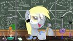  amber_eyes carrot chalkboard derp_eyes derpy_hooves_(mlp) desk doughnut english_text equine eyewear female feral flask food friendship_is_magic fur glasses grey_fur hammer holding horse inside mammal muffin my_little_pony open_mouth pony science smile solo text tongue zicygomar 