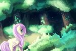  cutie_mark cyan_eyes detailed_background equine feathers female feral fluttershy_(mlp) forest friendship_is_magic fur grass hair horse leaves long_hair mammal mewball my_little_pony pegasus pink_hair pony signature solo sparkles tree wings yellow_fur 