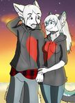  &lt;3 2012 anthro blue_eye blue_eyes breasts canine clothing collar cyan_fur duo female hoodie leggings legwear ly-ulf male mammal matching_outfits pants plaid red_eye red_eyes saetia saya-darkmoon sunset sweatpants wolf 