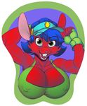  big_breasts blue_hair breasts cleavage clothed clothing erect_nipples female green_eyes hair hat huge_breasts krista looking_at_viewer mammal mouse nipples red_skin rodent smile zillford 
