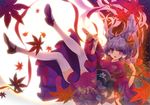  :d absurdres bangs blunt_bangs blush copyright_request falling falling_leaves full_moon highres huge_filesize japanese_clothes kimono kuroya_shinobu leaf legs looking_at_viewer maple_leaf moon open_mouth purple_eyes purple_hair shoes smile solo thighhighs white_legwear 