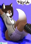  anthro belt black_nose blue_background boots breasts brown_eyes brown_fur brown_hair canine cigarette cleavage clothed clothing edit female fox fur hair invalid_background kayla kayla_(character) leather looking_at_viewer mammal ndkilla necklace pinup plain_background pose purple_background redwolfxiii redwolfxlll shirt shorts solo 