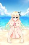  anus bad_id bad_pixiv_id barefoot beach blonde_hair blue_eyes blue_sky boku_wa_tomodachi_ga_sukunai breasts butterfly_hair_ornament cellphone cloud day full_body hair_ornament highres horizon kashiwazaki_sena knees_together_feet_apart large_breasts long_hair looking_at_viewer nipples nude ocean outdoors phone pussy sand shoujo_donburi sitting sky solo toes water 