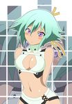  aquarion_(series) aquarion_evol arms_behind_back blush breasts cleavage_cutout green_hair highres medium_breasts navel purple_eyes short_hair zessica_wong 