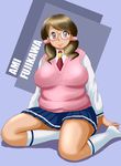  1girl ami_fujikawa breasts brown_eyes brown_hair glasses large_breasts necktie orcastudio plump 