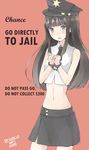  bad_id bad_pixiv_id bare_shoulders black_hair blue_eyes board_game cuffs english handcuffs hat highres midriff monopoly navel necktie open_mouth original parody police_hat retorillo skirt tears 