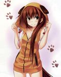  absurdres animal_hood blush breasts brown_hair cleavage dog_tail highres hood hoodie huge_filesize kawagishi_keitarou kawakami_kazuko long_hair looking_at_viewer maji_de_watashi_ni_koi_shinasai! maji_de_watashi_ni_koi_shinasai!_s naked_hoodie paw_print scan sleeveless sleeveless_hoodie small_breasts smile solo tail yellow_eyes zipper 