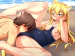  animal_ears aqua_eyes blonde_hair breasts cat_ears cat_tail long_hair nipples nokoppa original spread_legs swimsuit tail 