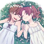  bad_id bad_pixiv_id brown_hair closed_eyes clover clover_(flower) dress flower head_wreath holding_hands interlocked_fingers long_hair lying misaka_mikoto multiple_girls on_back open_mouth shirai_kuroko short_hair smile sundress to_aru_kagaku_no_railgun to_aru_majutsu_no_index tomo_(sjim) twintails white_dress 