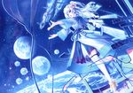  1girl absurdres blue_eyes blue_hair flower hair_flower hair_ornament highres long_hair open_mouth original outstretched_arms satellite solo space space_craft star tenmaso thighhighs white_legwear 