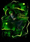  ;p belt blazblue crossed_legs fingerless_gloves formal gloves glowing glowing_eyes green_eyes green_hair happy_birthday hazama highres male_focus multiple_belts necktie no_hat no_headwear noco one_eye_closed ouroboros sitting solo suit tongue tongue_out yellow_eyes 