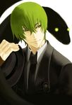  blazblue coat fedora fingerless_gloves gloves glowing glowing_eyes green_eyes green_hair hat hat_removed hazama headwear_removed light_smile male_focus necktie noco ouroboros snake solo yellow_eyes 